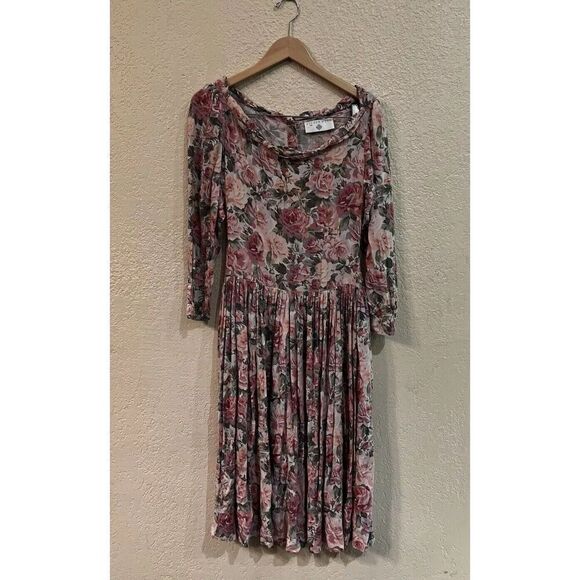 Eileen West Dress Size 8 Multi Floral Midi Button Back Prairiecore Pockets Vtg - Picture 2 of 12